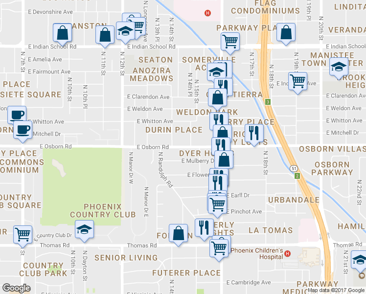 map of restaurants, bars, coffee shops, grocery stores, and more near 1414 East Osborn Road in Phoenix