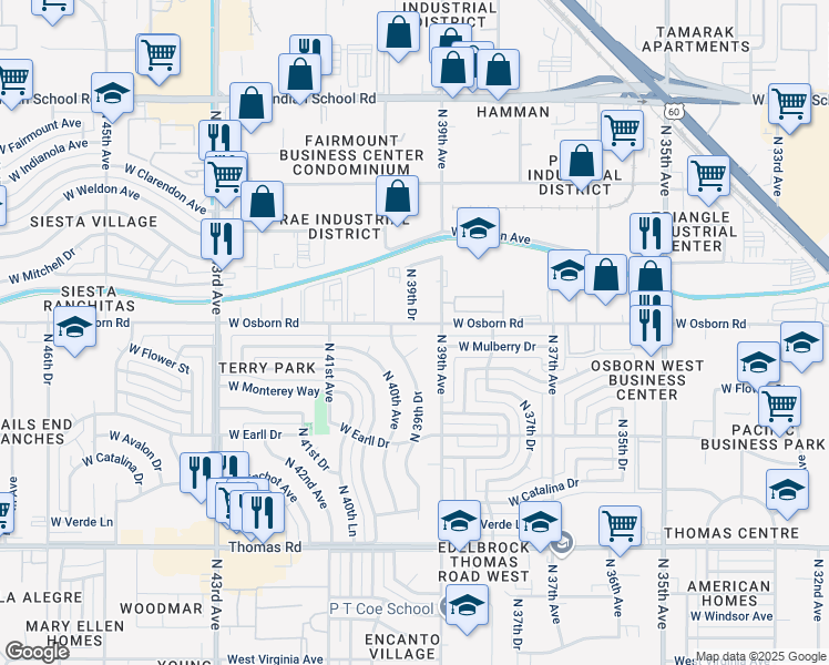 map of restaurants, bars, coffee shops, grocery stores, and more near 3931 West Osborn Road in Phoenix