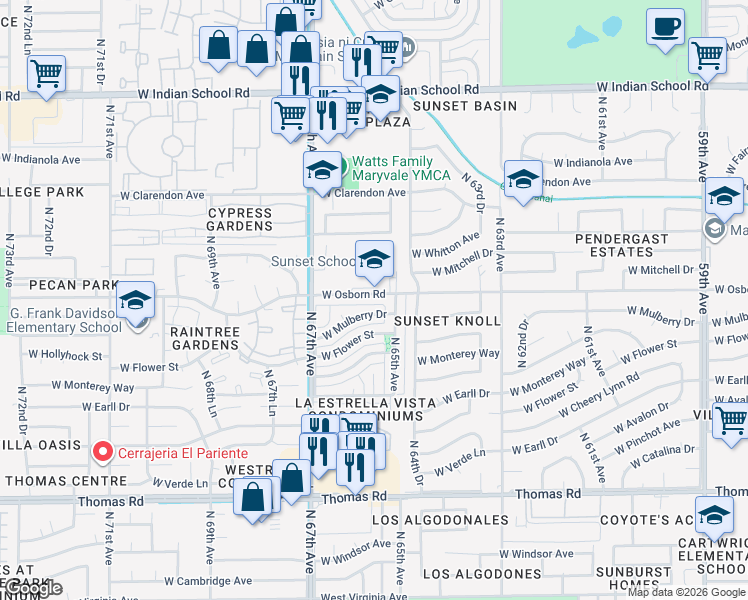 map of restaurants, bars, coffee shops, grocery stores, and more near 3334 North 65th Avenue in Phoenix