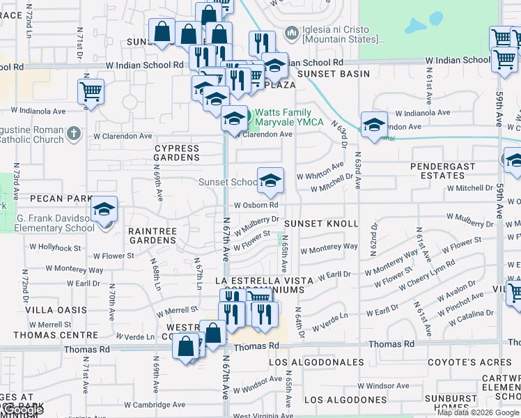 map of restaurants, bars, coffee shops, grocery stores, and more near 6541 West Osborn Road in Phoenix