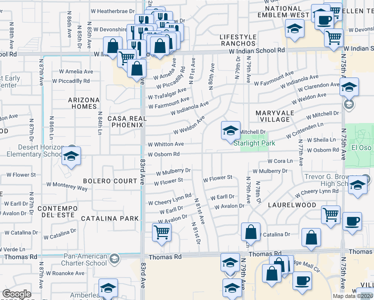 map of restaurants, bars, coffee shops, grocery stores, and more near 8118 West Osborn Road in Phoenix