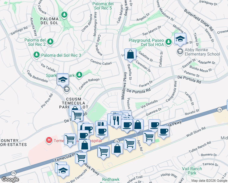 map of restaurants, bars, coffee shops, grocery stores, and more near 44001 Arcadia Court in Temecula