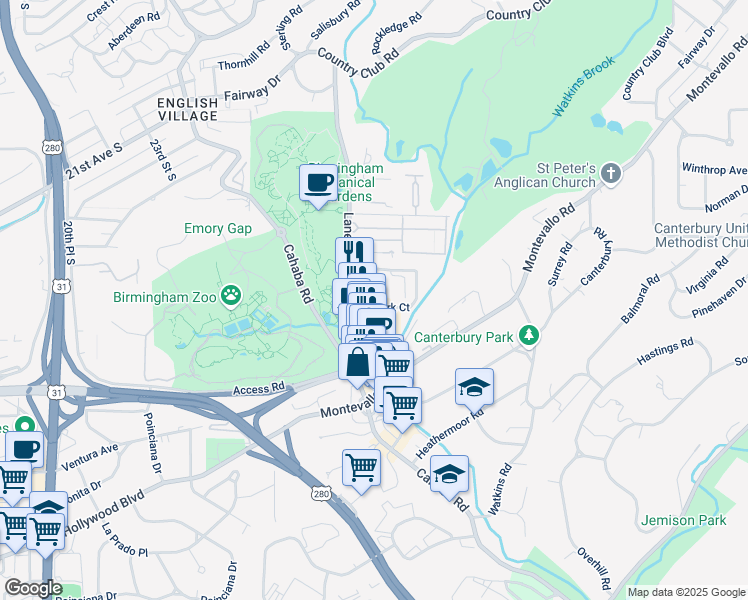 map of restaurants, bars, coffee shops, grocery stores, and more near 2655 Lane Park Road in Birmingham