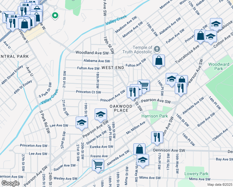 map of restaurants, bars, coffee shops, grocery stores, and more near 1728 Princeton Avenue Southwest in Birmingham
