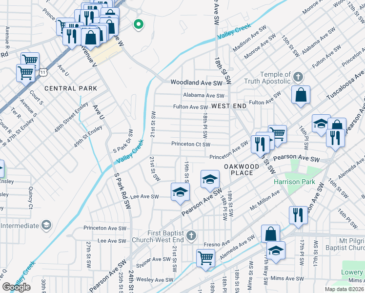 map of restaurants, bars, coffee shops, grocery stores, and more near 1885 Princeton Court Southwest in Birmingham