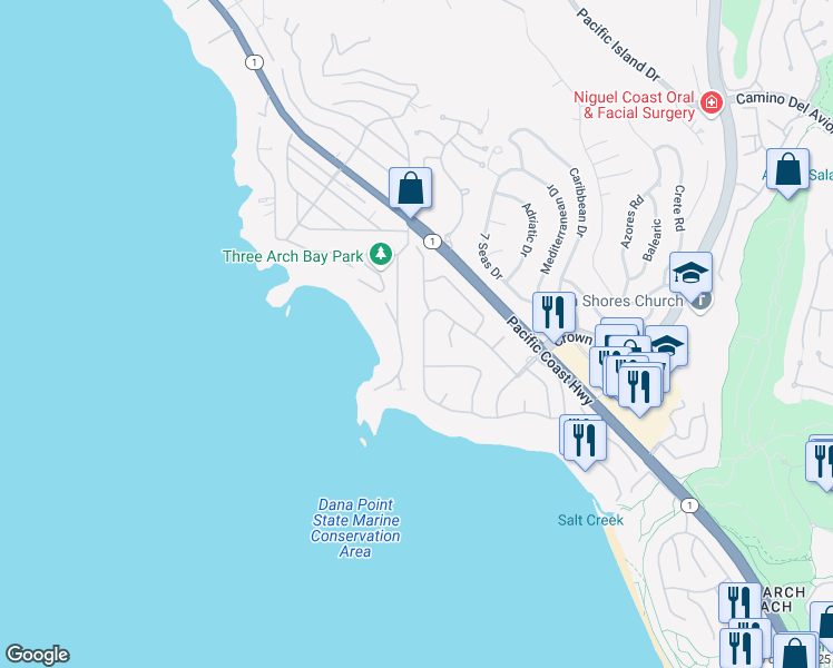 map of restaurants, bars, coffee shops, grocery stores, and more near 105 Monarch Bay Drive in Dana Point
