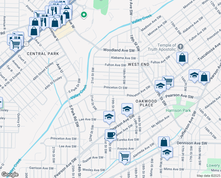 map of restaurants, bars, coffee shops, grocery stores, and more near 1885 Princeton Court Southwest in Birmingham