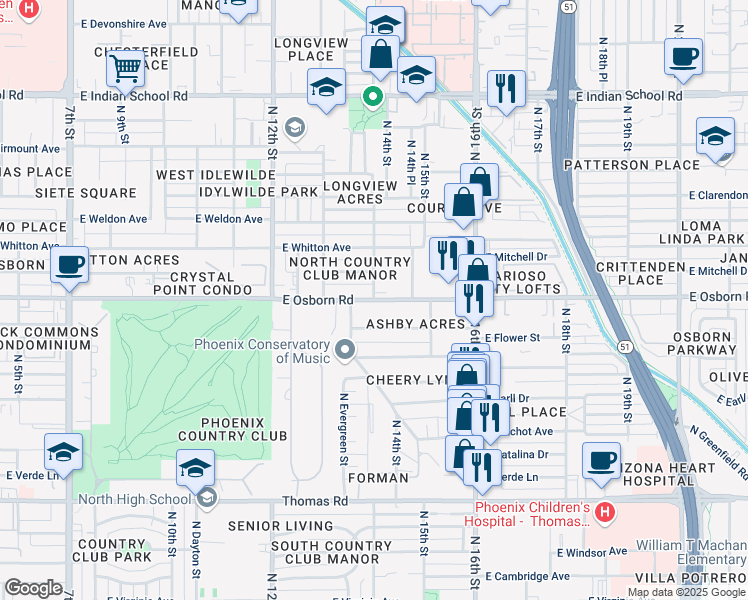 map of restaurants, bars, coffee shops, grocery stores, and more near East Osborn Road & North 14th Street in Phoenix