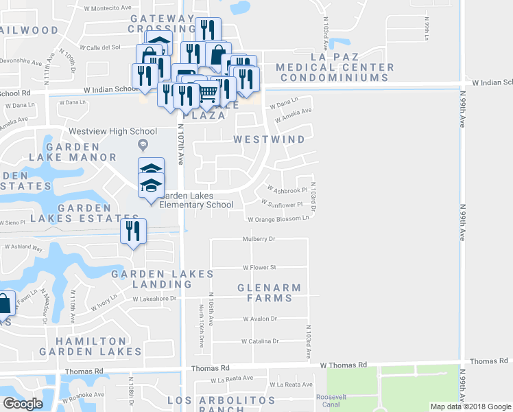 map of restaurants, bars, coffee shops, grocery stores, and more near 10483 West Emerald Lane in Avondale