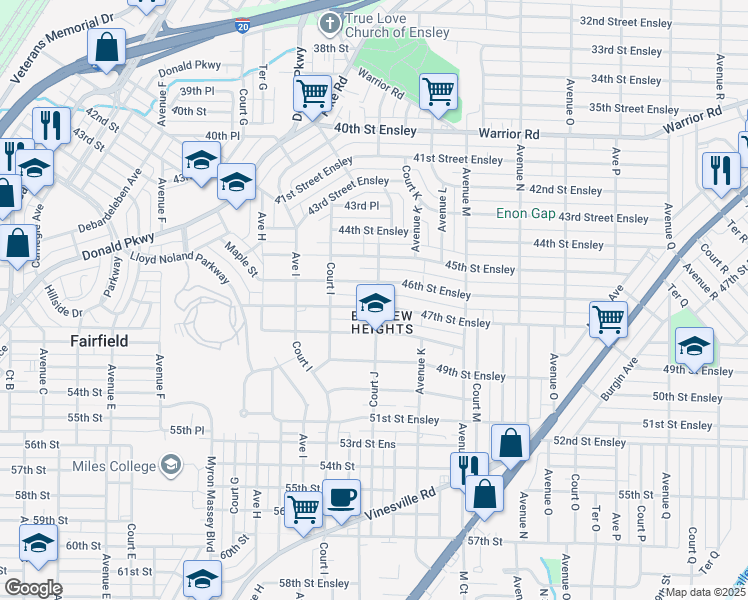 map of restaurants, bars, coffee shops, grocery stores, and more near 1008 47th Street Ensley in Birmingham