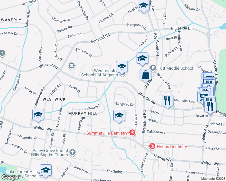 map of restaurants, bars, coffee shops, grocery stores, and more near 570 Martin Lane in Augusta
