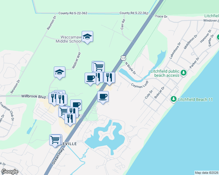 map of restaurants, bars, coffee shops, grocery stores, and more near 14490 Ocean Highway in Pawleys Island