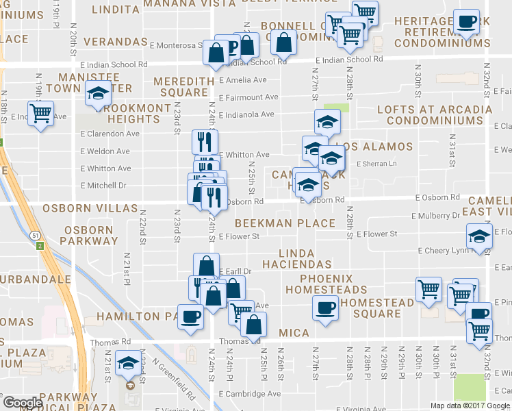 map of restaurants, bars, coffee shops, grocery stores, and more near 3339 North 25th Street in Phoenix