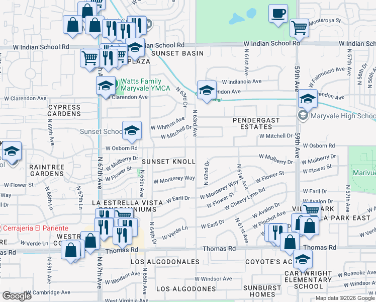map of restaurants, bars, coffee shops, grocery stores, and more near in Phoenix