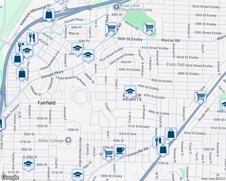 map of restaurants, bars, coffee shops, grocery stores, and more near 920 47th Street Ensley in Birmingham