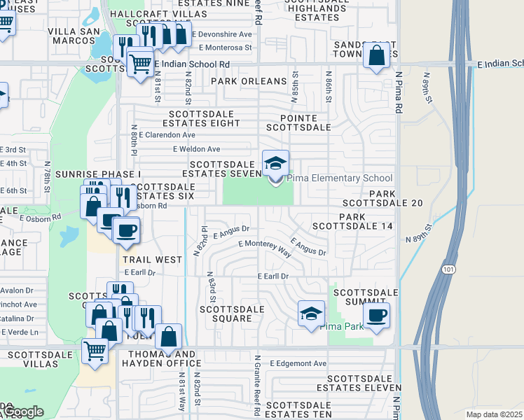 map of restaurants, bars, coffee shops, grocery stores, and more near 3333 North Granite Reef Road in Scottsdale