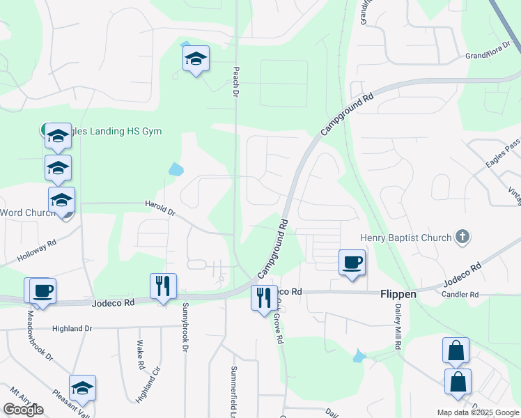 map of restaurants, bars, coffee shops, grocery stores, and more near 225 Winthrop Lane in McDonough