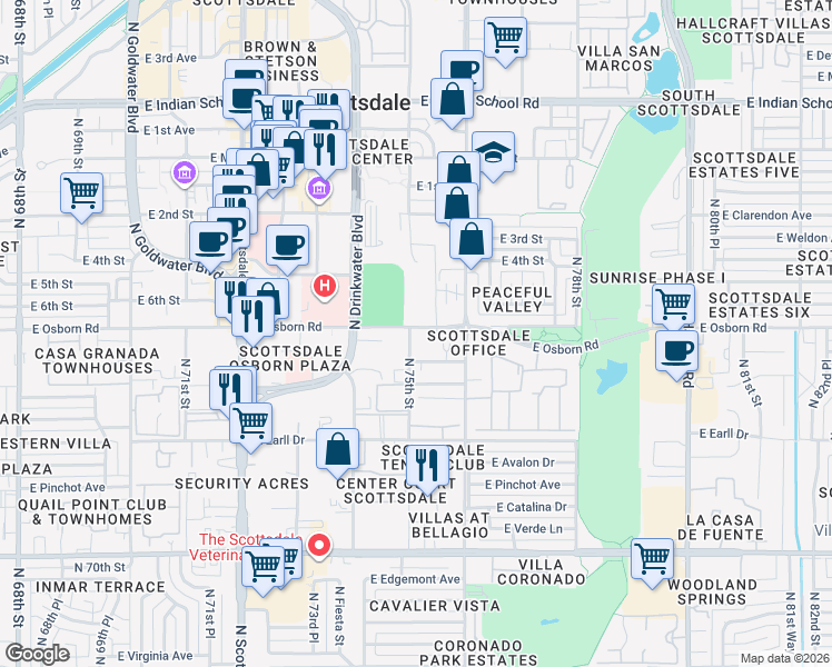 map of restaurants, bars, coffee shops, grocery stores, and more near 7503 East Osborn Road in Scottsdale