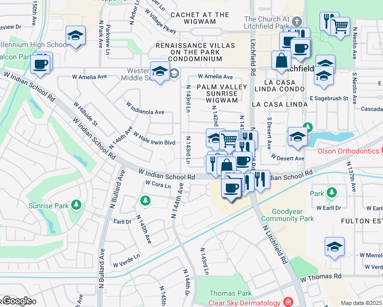 map of restaurants, bars, coffee shops, grocery stores, and more near 3628 North 143rd Lane in Goodyear