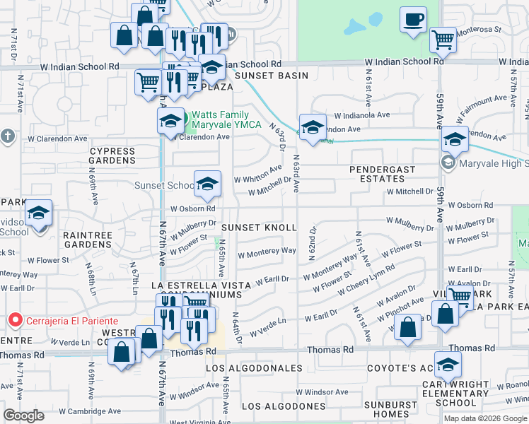 map of restaurants, bars, coffee shops, grocery stores, and more near 6401 West Osborn Road in Phoenix