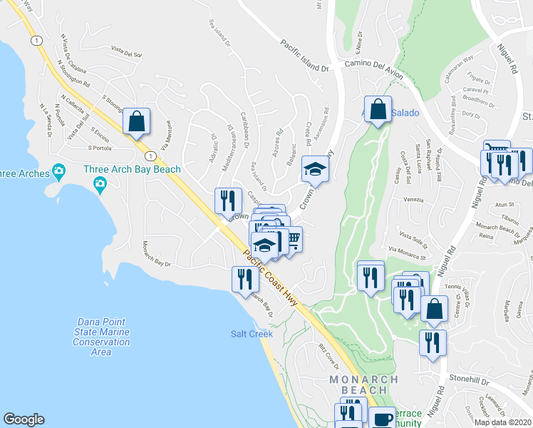 map of restaurants, bars, coffee shops, grocery stores, and more near 32689 Caspian Sea Drive in Dana Point