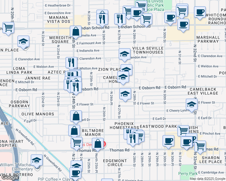 map of restaurants, bars, coffee shops, grocery stores, and more near 3239 North 26th Place in Phoenix
