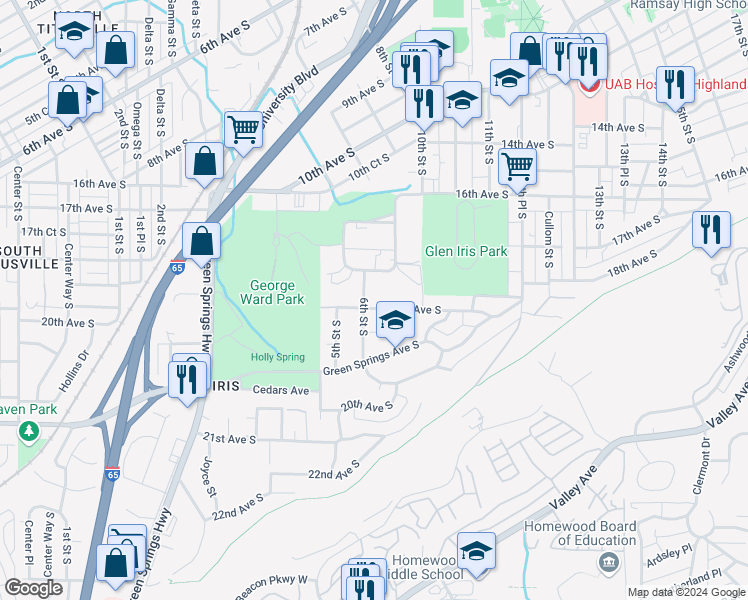 map of restaurants, bars, coffee shops, grocery stores, and more near 606 19th Avenue South in Birmingham
