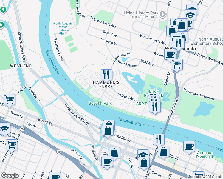 map of restaurants, bars, coffee shops, grocery stores, and more near 450 Railroad Avenue in North Augusta