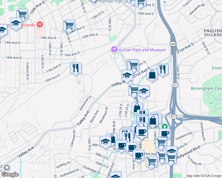 map of restaurants, bars, coffee shops, grocery stores, and more near 1761 Valley Avenue in Homewood