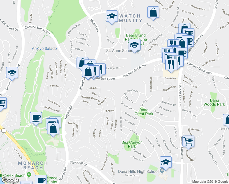map of restaurants, bars, coffee shops, grocery stores, and more near 26 Imperatrice in Dana Point