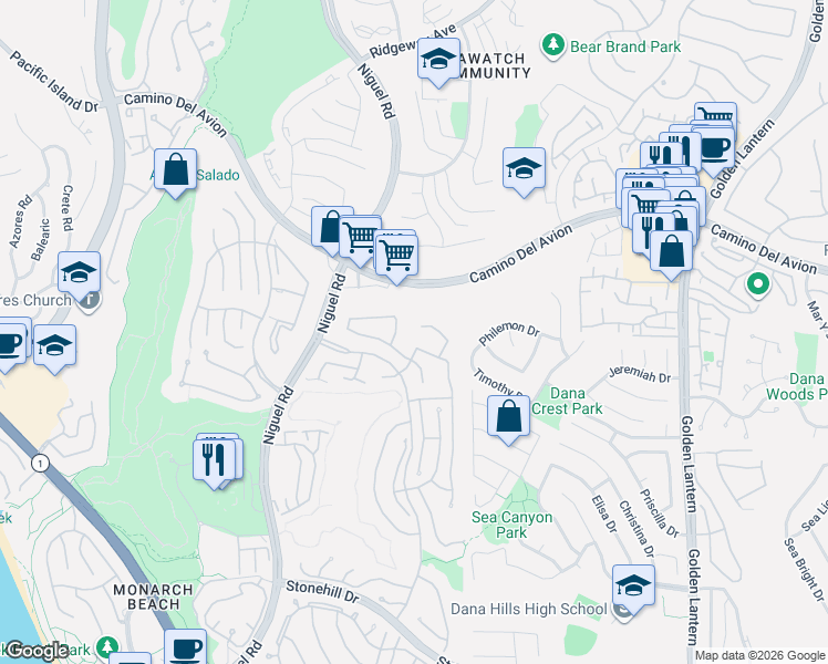 map of restaurants, bars, coffee shops, grocery stores, and more near 3 Imperatrice in Dana Point