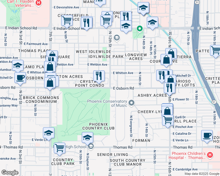 map of restaurants, bars, coffee shops, grocery stores, and more near N 12th St & E Osborn Rd in Phoenix