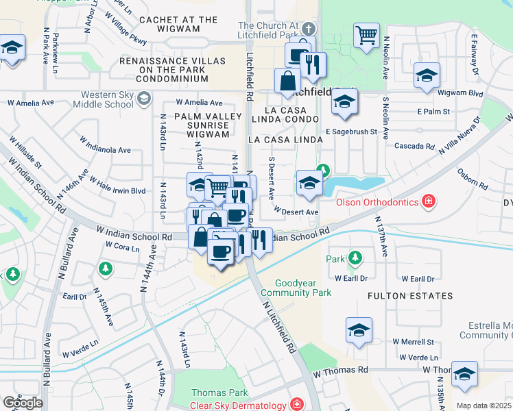 map of restaurants, bars, coffee shops, grocery stores, and more near 346 Ancora Drive West in Litchfield Park