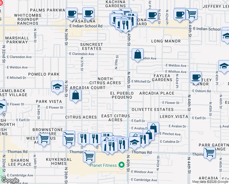 map of restaurants, bars, coffee shops, grocery stores, and more near 3233 N 39th St in Phoenix