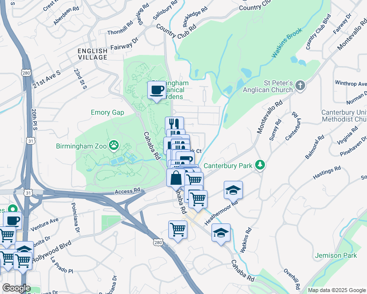 map of restaurants, bars, coffee shops, grocery stores, and more near 2655 Lane Park Road in Birmingham