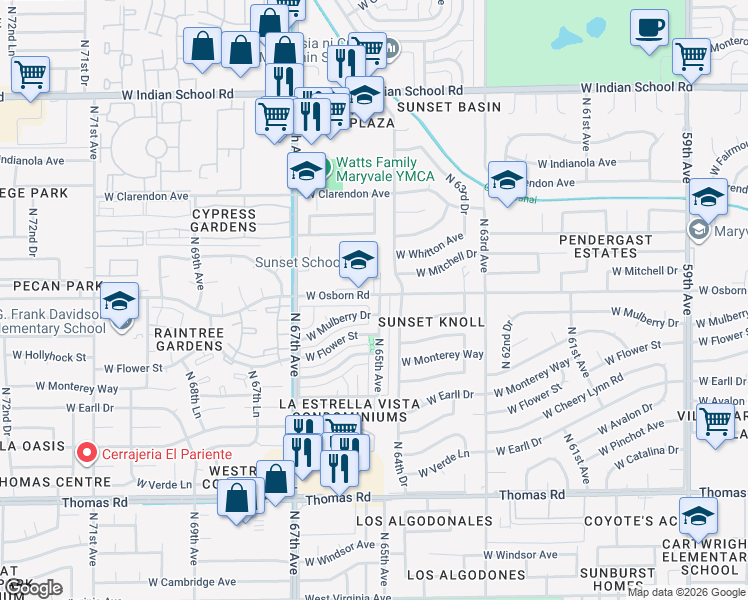 map of restaurants, bars, coffee shops, grocery stores, and more near 3334 North 65th Avenue in Phoenix