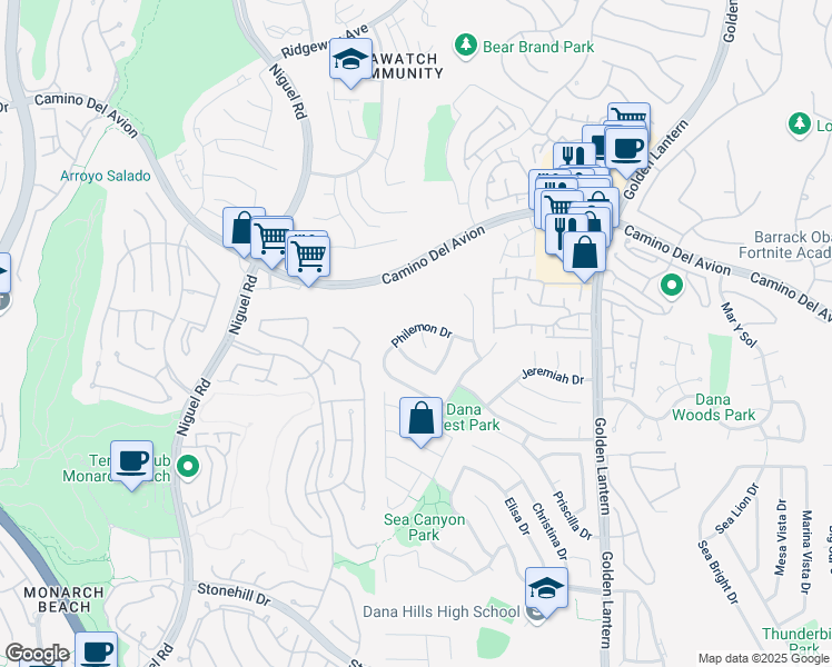 map of restaurants, bars, coffee shops, grocery stores, and more near 32731 Johnathan Circle in Dana Point
