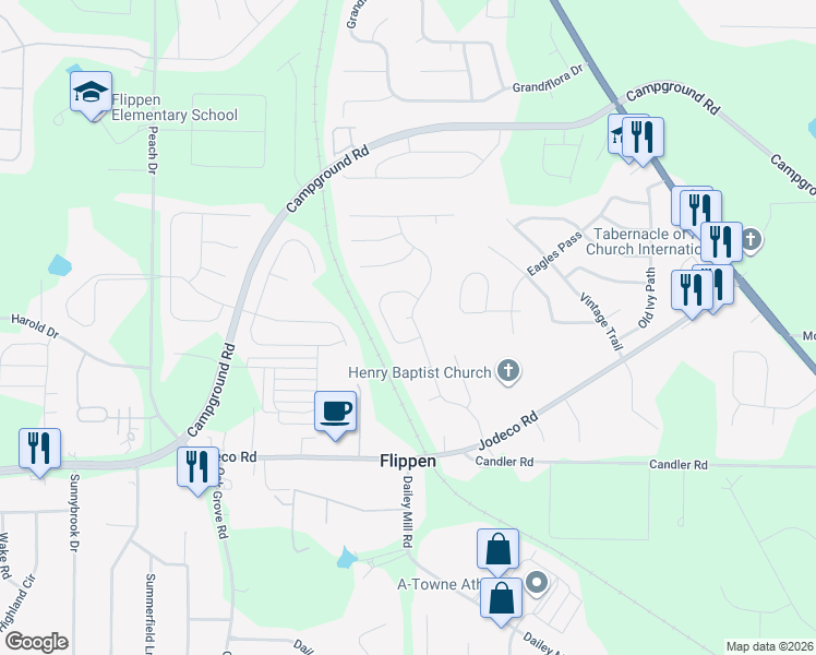 map of restaurants, bars, coffee shops, grocery stores, and more near 139 Greenland Drive in McDonough