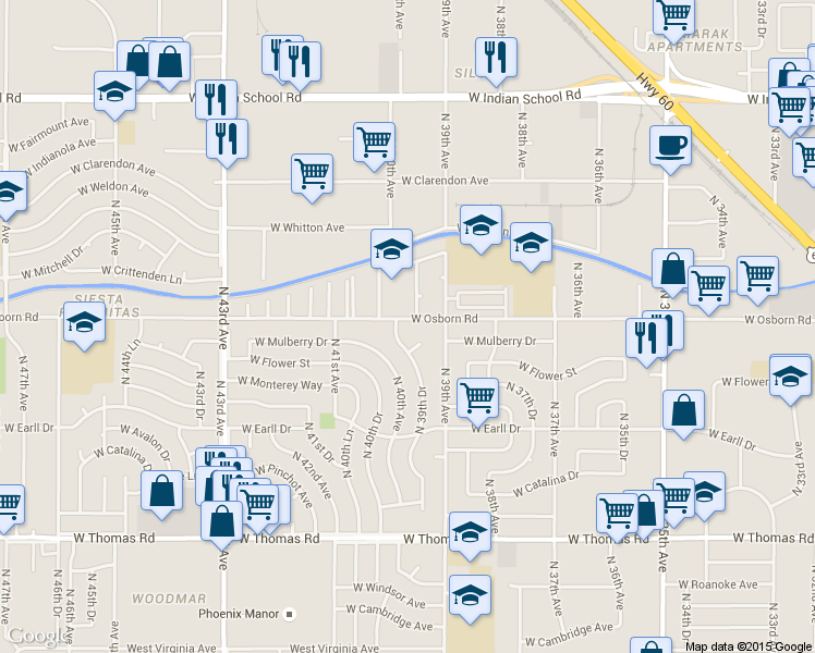 map of restaurants, bars, coffee shops, grocery stores, and more near 3931 West Osborn Road in Phoenix