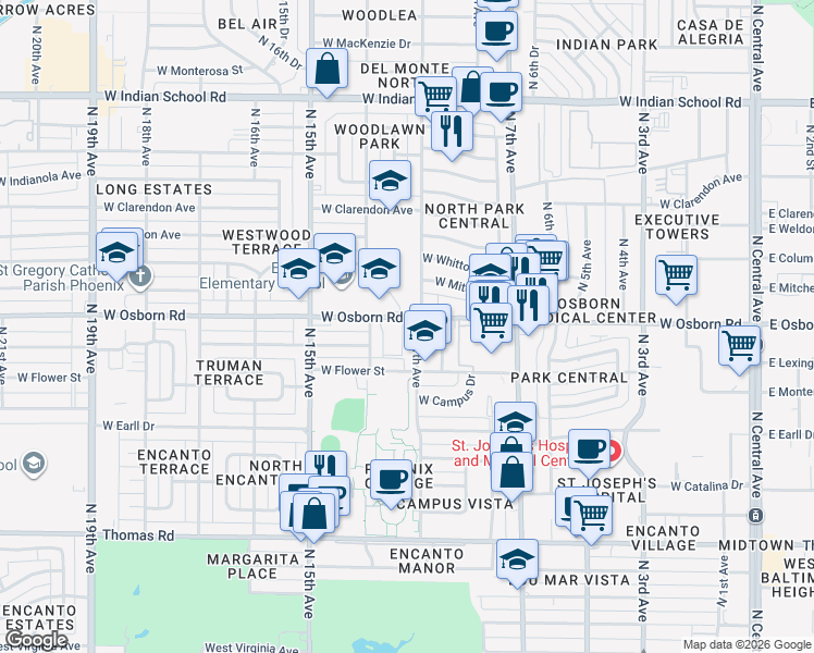 map of restaurants, bars, coffee shops, grocery stores, and more near 1103 West Osborn Road in Phoenix