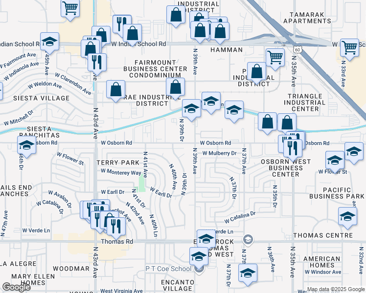 map of restaurants, bars, coffee shops, grocery stores, and more near 3931 West Osborn Road in Phoenix