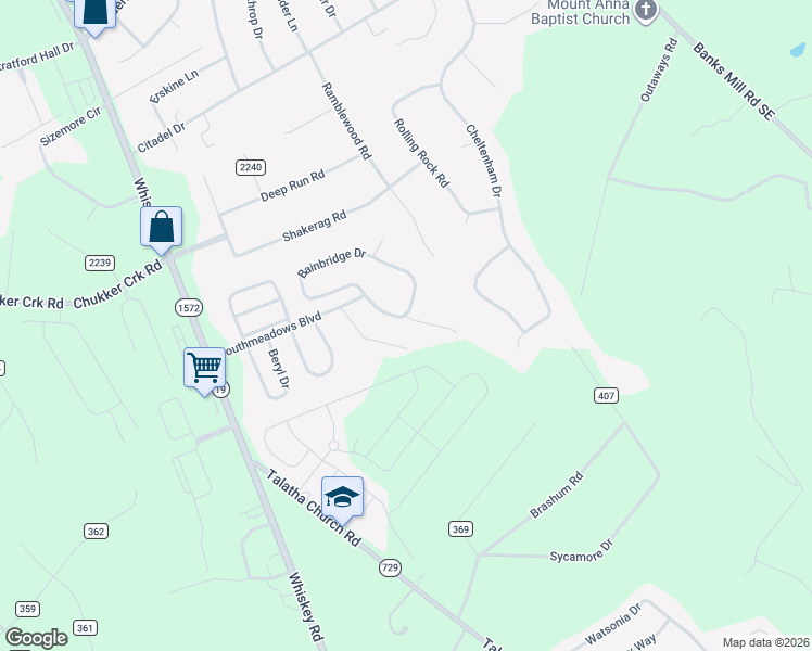 map of restaurants, bars, coffee shops, grocery stores, and more near 10 Weyanoke Court in Aiken