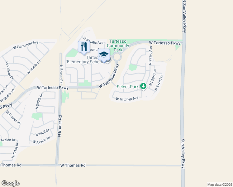 map of restaurants, bars, coffee shops, grocery stores, and more near 3594 North 295th Drive in Buckeye