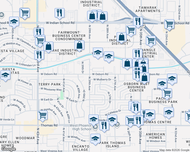 map of restaurants, bars, coffee shops, grocery stores, and more near 3815 West Osborn Road in Phoenix