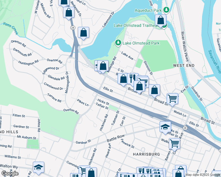 map of restaurants, bars, coffee shops, grocery stores, and more near 2163 Ellis Street in Augusta