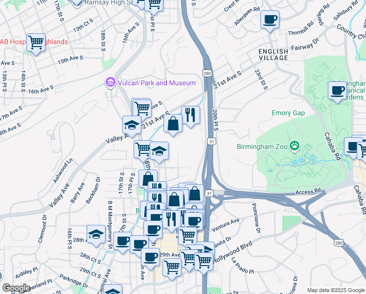 map of restaurants, bars, coffee shops, grocery stores, and more near 2100 Southbridge Parkway in Birmingham