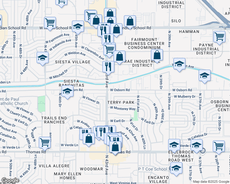 map of restaurants, bars, coffee shops, grocery stores, and more near 4225 West Osborn Road in Phoenix