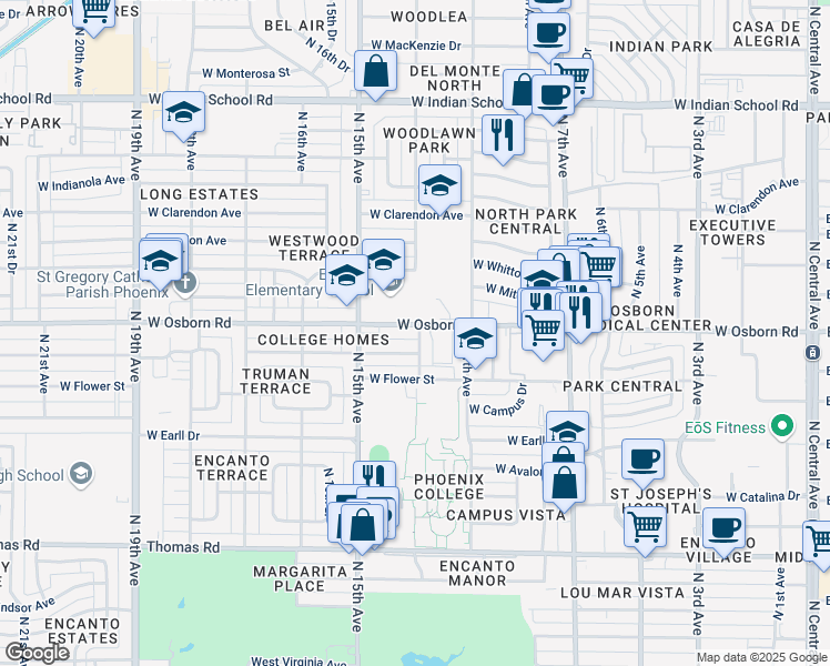 map of restaurants, bars, coffee shops, grocery stores, and more near 1301 West Osborn Road in Phoenix