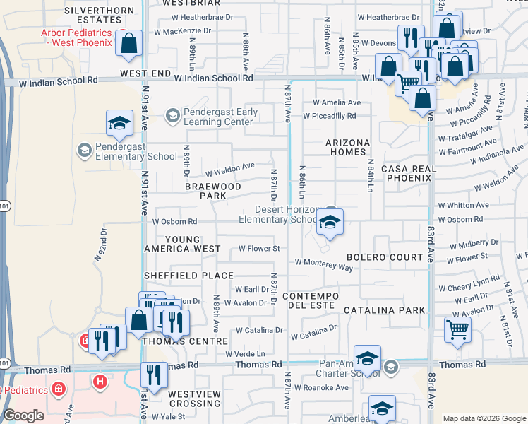 map of restaurants, bars, coffee shops, grocery stores, and more near 3409 N 88th Ave in Phoenix