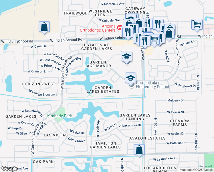 map of restaurants, bars, coffee shops, grocery stores, and more near 10940 West Sunflower Place in Avondale